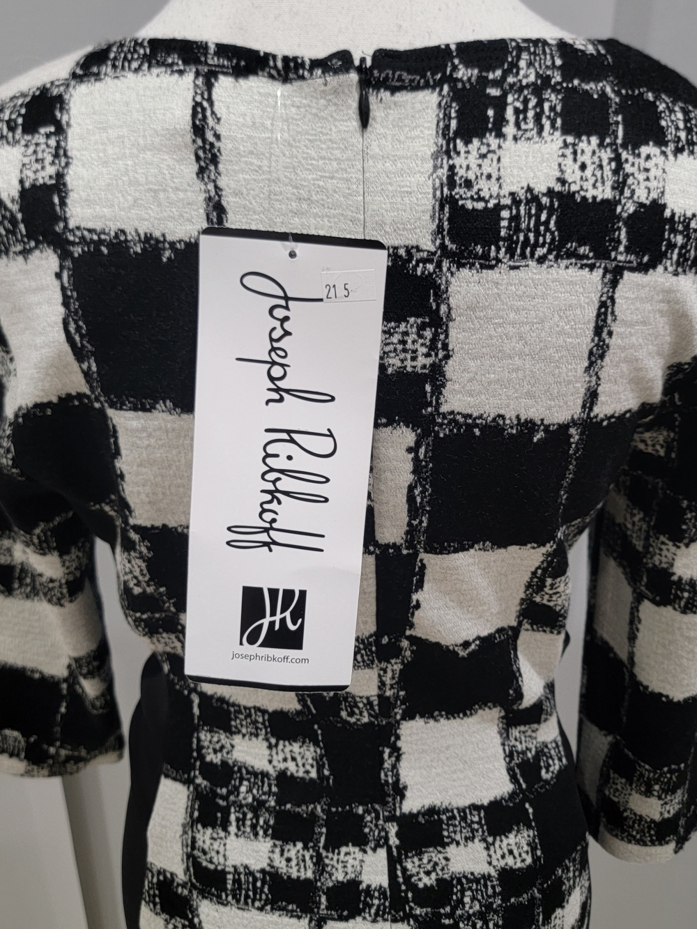 Joseph Ribkoff Black and White Checked Knit Dress with Waist Tie - Picture 6 of 8